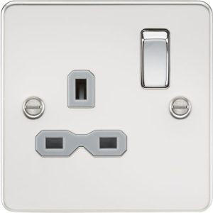KNIGHTSBRIDGE FLAT PLATE 13A 1G DP SWITCHED SOCKET - POLISHED CHROME WITH GREY INSERT