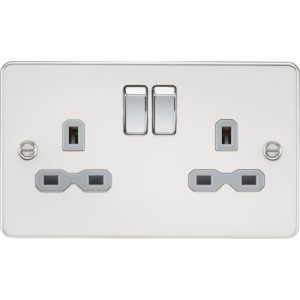 KNIGHTSBRIDGE FLAT PLATE 13A 2G DP SWITCHED SOCKET - POLISHED CHROME WITH GREY INSERT