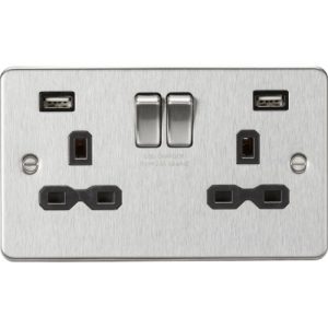KNIGHTSBRIDGE 13A 2G SWITCHED SOCKET WITH DUAL USB CHARGER A + A (2.4A) - BRUSHED CHROME WITH BLACK INSERT
