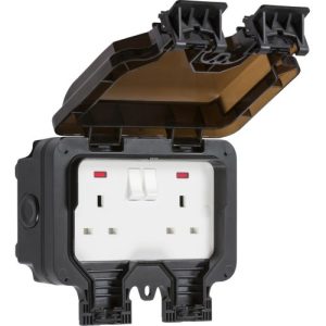 KNIGHTSBRIDGE IP66 13A 2G DP SWITCHED SOCKET WITH NEONS - BLACK