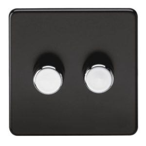 KNIGHTSBRIDGE SCREWLESS 2G 2-WAY DIMMER 60-400W - MATT BLACK WITH CHROME KNOBS