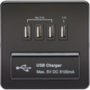KNIGHTSBRIDGE SCREWLESS QUAD USB CHARGER OUTLET (5.1A) - MATT BLACK WITH BLACK INSERT