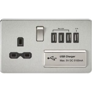 KNIGHTSBRIDGE SCREWLESS 13A SWITCHED SOCKET WITH QUAD USB CHARGER (5.1A) - BRUSHED CHROME WITH BLACK INSERT