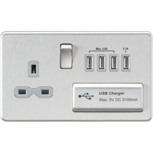 KNIGHTSBRIDGE SCREWLESS 13A SWITCHED SOCKET WITH QUAD USB CHARGER (5.1A) - BRUSHED CHROME WITH GREY INSERT