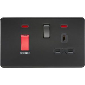 KNIGHTSBRIDGE SCREWLESS 45A DP SWITCH AND 13A SWITCHED SOCKET WITH NEONS - MATT BLACK WITH BLACK INSERT