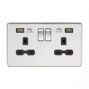 KNIGHTSBRIDGE 13A 2G SWITCHED SOCKET WITH DUAL USB CHARGER A + A (2.4A) - POLISHED CHROME WITH BLACK INSERT
