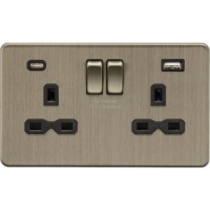 13A 2G SP Switched Socket with Dual USB A+C - Ant Brass