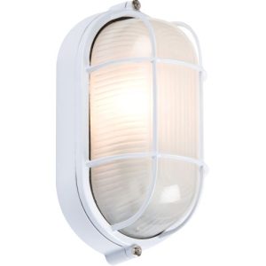 KNIGHTSBRIDGE 230V IP54 60W WHITE OVAL BULKHEAD WITH WIRE GUARD AND GLASS DIFFUSER