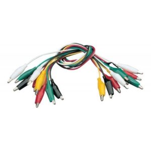 A SET OF 10 TEST LEADS IN 5 COLOURS, RED, BLACK, GREEN, YELLOW AND WHITE (2 OF EACH). FITTED WITH SOFT PLASTIC INSULATED 25MM CROCODILE CLIPS ON BOTH ENDS.