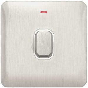 SCHNEIDER LISSE SCREWLESS BRUSHED CHROME 20A DP SWITCH + NEON WHITE INSERT