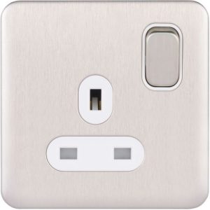 SCHNEIDER LISSE SCREWLESS BRUSHED CHROME 1G 13A SOCKET WHITE INSERT