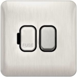 SCHNEIDER LISSE SCREWLESS BRUSHED CHROME 13A SWITCHED SPUR BLACK INSERT