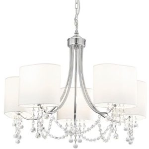 SEARCHLIGHT NINA 5LT CEILING PENDANT - CHROME, CRYSTAL & WHITE SHADES