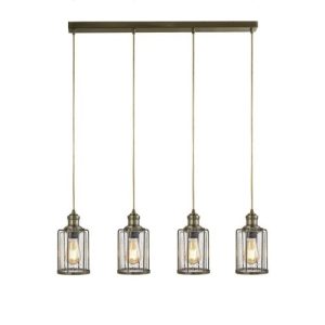 SEARCHLIGHT PIPES 4LT BAR PENDANT LIGHT - ANTIQUE BRASS & SEEDED GLASS