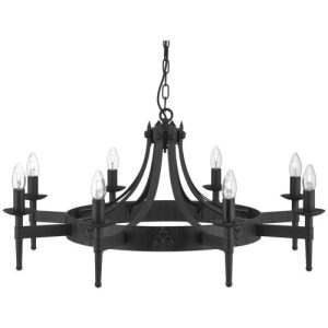 SEARCHLIGHT CARTWHEEL II 8LT CEILING PENDANT - BLACK IRON & SANDED GLASS