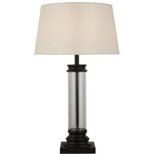 SEARCHLIGHT PEDESTAL TABLE LAMP - BLACK METAL, GLASS & FABRIC SHADE