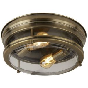 SEARCHLIGHT GLASGOW 2LT CEILING FLUSH - ANTIQUE BRASS & GLASS, IP44