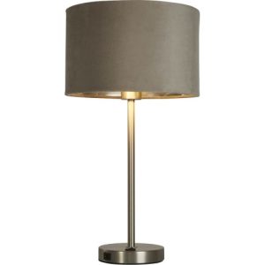 SEARCHLIGHT FINN TABLE LAMP - SATIN NICKEL METAL & TAUPE VELVET SHADE
