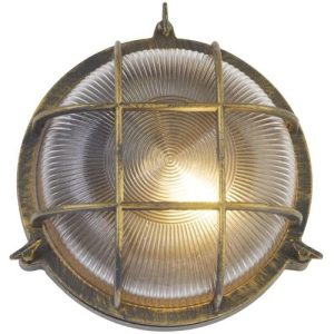 SEARCHLIGHT BULKHEAD ROUND OUTDOOR LIGHT -BLACK GOLD METAL & CLEAR GLASS
