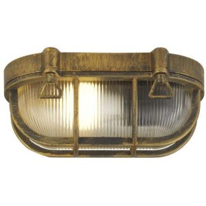 SEARCHLIGHT BULKHEAD OVAL OUTDOOR LIGHT - BLACK GOLD METAL & CLEAR GLASS
