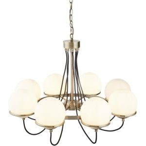 SEARCHLIGHT SPHERE 8LT CEILING PENDANT - ANTIQUE BRASS & GLASS SHADES