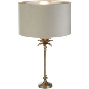 SEARCHLIGHT PALM TABLE LAMP - ANTIQUE NICKEL METAL & GREY VELVET SHADE