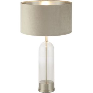 SEARCHLIGHT OXFORD TABLE LAMP - GLASS, SATIN NICKEL & TAUPE VELVET SHADE