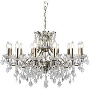 SEARCHLIGHT PARIS 12LT CHANDELIER - ANTIQUE BRASS & CLEAR CRYSTAL DROPS