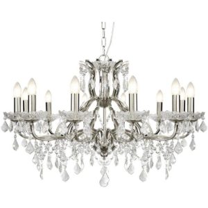 SEARCHLIGHT PARIS 12LT CHANDELIER - SATIN SILVER & CLEAR CRYSTAL DROPS