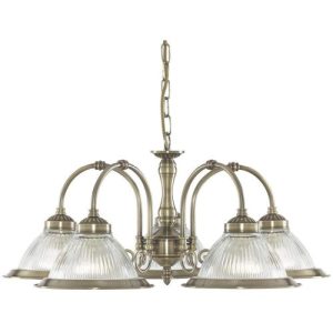SEARCHLIGHT AMERICAN DINER 5LT CEILING PENDANT - ANTIQUE BRASS & GLASS