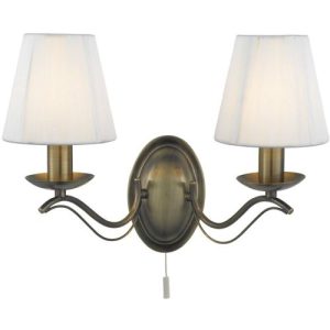 SEARCHLIGHT ANDRETTI 2LT WALL LIGHT - ANTIQUE BRASS & CREAM SHADES