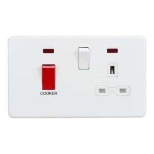 KNIGHTSBRIDGE SCREWLESS 45A DP SWITCH AND 13A SWITCHED SOCKET WITH NEONS - MATT WHITE
