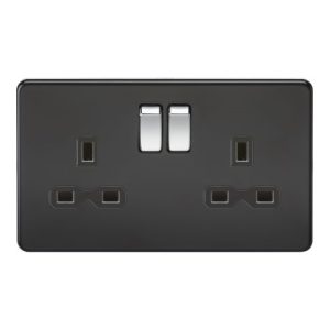 KNIGHTSBRIDGE SCREWLESS 13A 2G DP SWITCHED SOCKET - MATT BLACK WITH BLACK INSERT AND CHROME ROCKERS