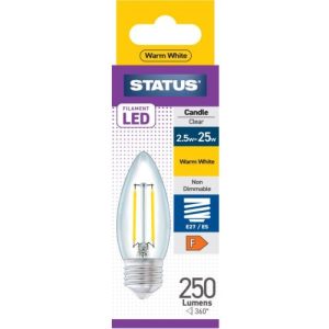 STATUS LED FILAMENT CANDLE 2W=25W ES CLEAR W/W