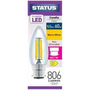 STATUS LED FILAMENT CANDLE 6.5W=60W BC CLEAR W/W