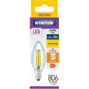 STATUS LED FILAMENT CANDLE 6.5W=60W SES CLEAR W/W