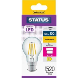 STATUS LED FILAMENT GLS 10.5W=100W BC CLEAR W/W