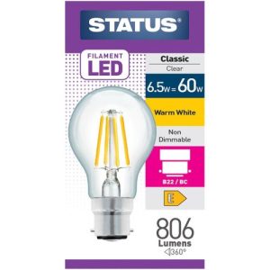 STATUS LED FILAMENT GLS 6.5W=60W BC CLEAR W/W