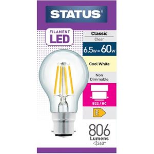 STATUS LED FILAMENT GLS 6.5W=60W BC CLEAR C/W