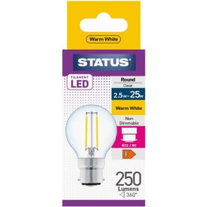 STATUS LED FILAMENT GOLFBALL 2W=25W BC CLEAR W/W