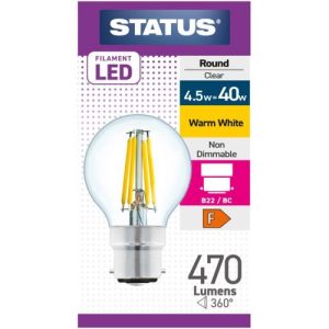 STATUS LED FILAMENT GOLFBALL 4.5W=40W BC CLEAR W/W