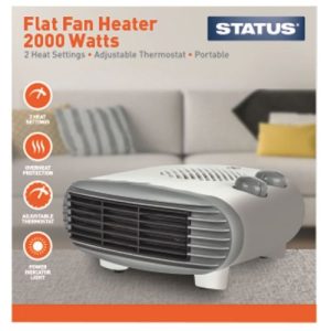 STATUS 2KW FLAT FAN HEATER - 2 HEAT SETTINGS - ADJUSTABLE THERMOSTAT