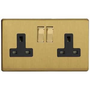 VARILIGHT BRUSHED BRASS SCREWLESS 2G SWITCHED SOCKET