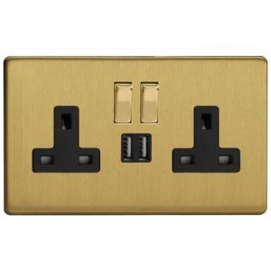 VARILIGHT BRUSHED BRASS SCREWLESS 2G USB SWITCHED SOCKET