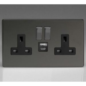 VARILIGHT 13A 2G IRIDIUM BLACK USB SWITCHED SOCKET (1 X USB-A,1 X USB-C)