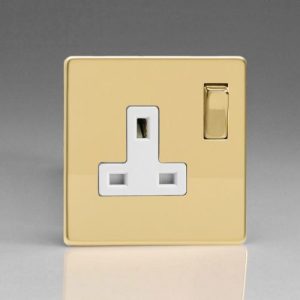 VARILIGHT POLISHED BRASS SCREWLESS 1G 13A SOCKET WHITE INSERT