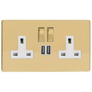 VARILIGHT POL BRASS /SLESS 2G 13A USB SOCKET WH IN