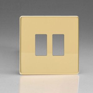 VARILIGHT POLISHED BRASS SCREWLESS 2G GRID PLATE + YOKE