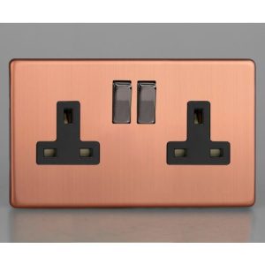 VARILIGHT BRUSHED COPPER SCREWLESS 2G 13A SOCKET BLACK INSERTS