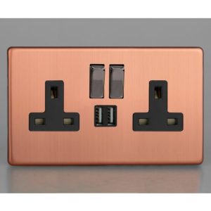 VARILIGHT BRUSHED COPPER SCREWLESS 2G 13A USB SOCKET BLACK INSERTS